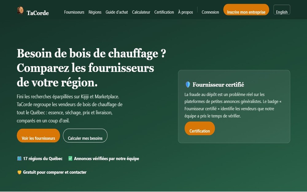 Aperçu du site TaCorde, marketplace de bois de chauffage
