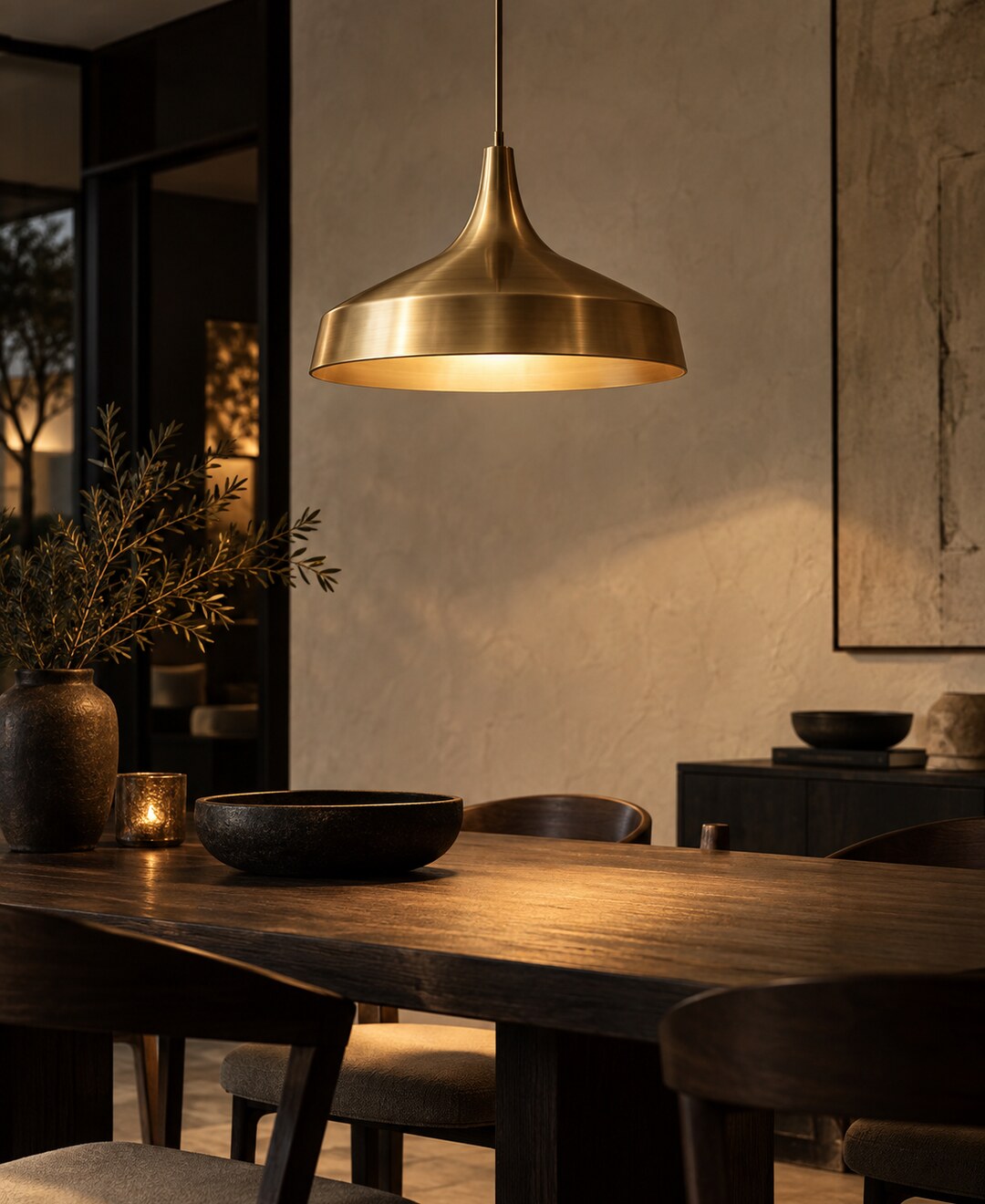 Suspension design Maison Lumen, lumière ambrée sur intérieur contemporain